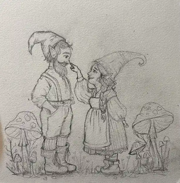 A pencil sketch depicts two fantasy characters, a male and a female, both wearing pointed hats and standing among mushrooms…