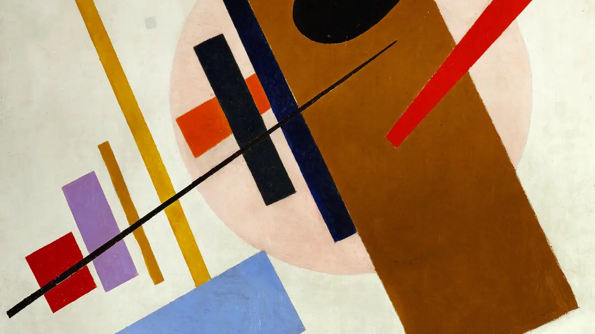 An abstract painting featuring bold geometric shapes like rectangles, squares, and lines in colors such as brown, red, blue…