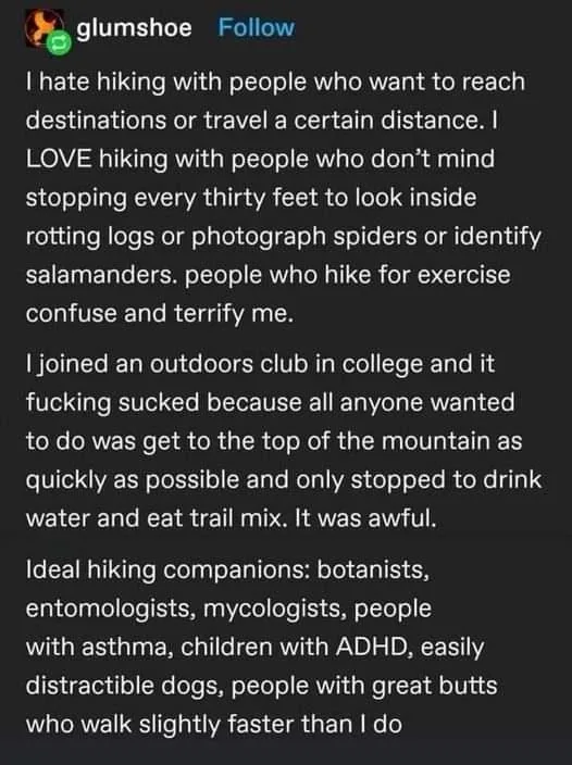 A screenshot of a social media post by 'glumshoe' with white text on a dark background, detailing their strong preference…