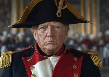 a close-up image of Donald Trump wearing a historical French military uniform with a bicorne hat and red coat, looking…