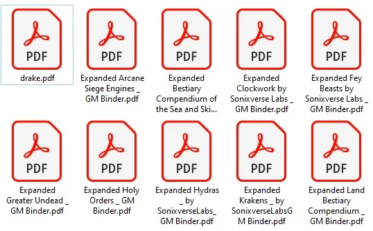 A grid of ten PDF file icons, each labeled with a fantasy game binder filename, with the top-left icon labeled 'drake.pdf'…