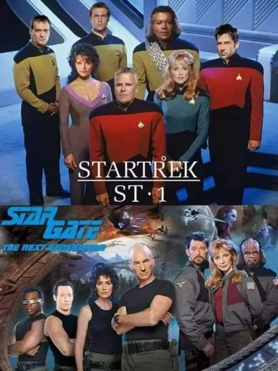 The image is a two-part meme. The top half shows the cast of Star Trek: The Next Generation in their uniforms, with the text…