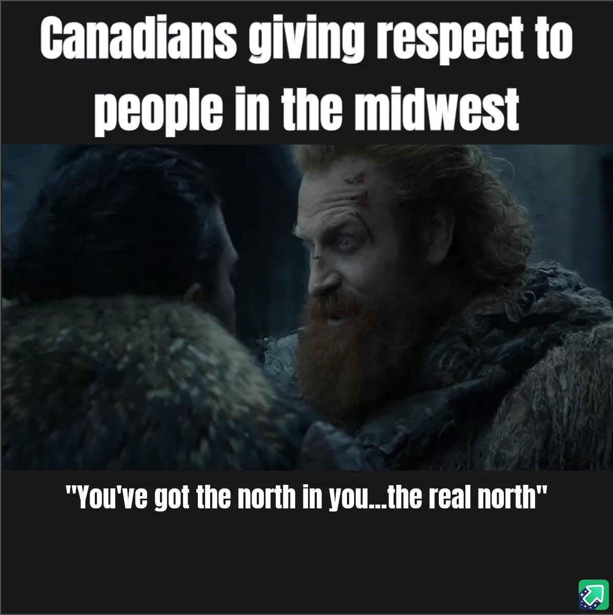A still from Game of Thrones shows a bearded man with a scar on his forehead looking intently at another person whose back…
