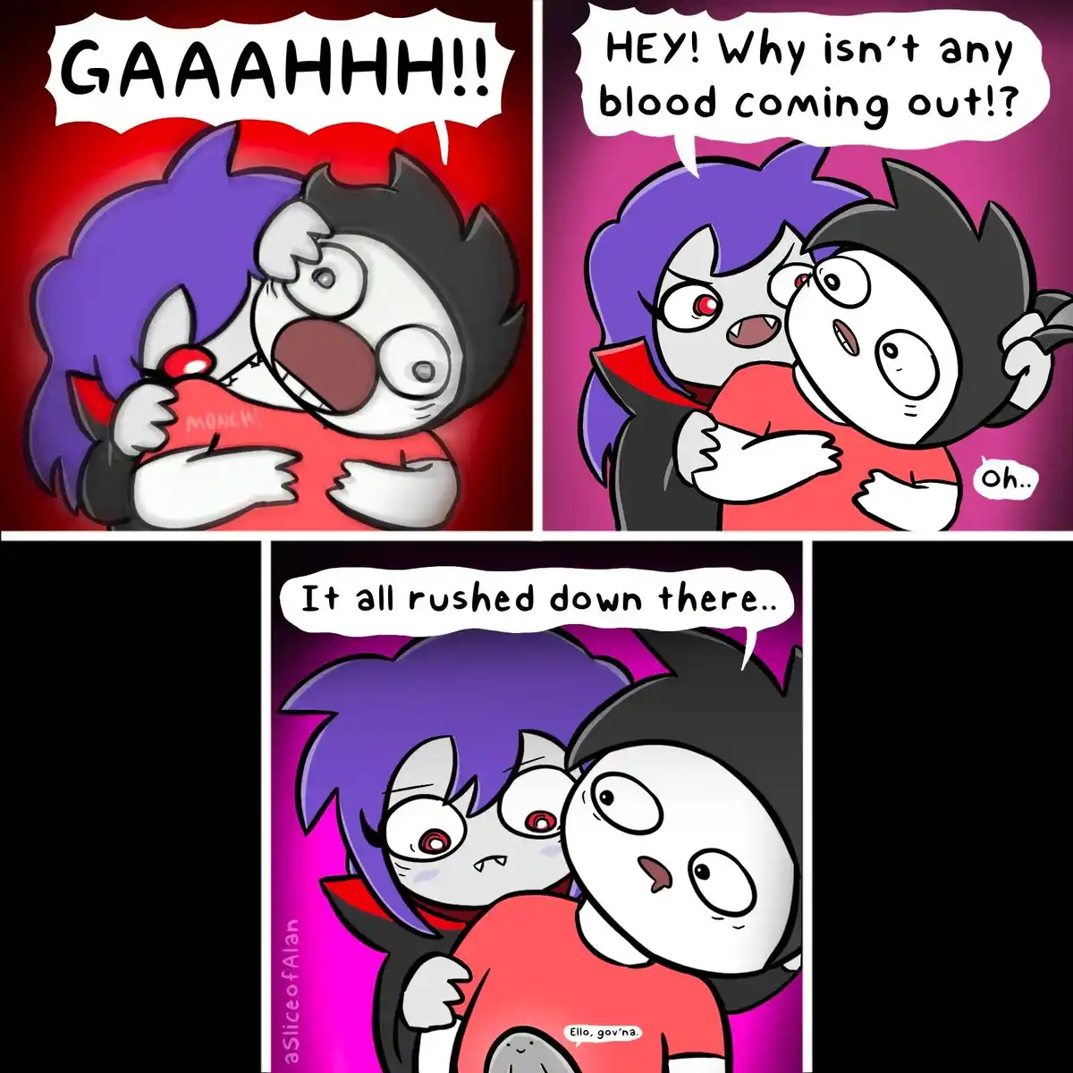 A three-panel comic strip featuring two cartoon vampire characters. In the first panel, a purple-haired vampire screams…