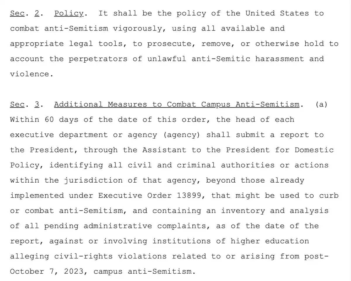 The image displays a close-up of a government document, specifically sections 2 and 3 of an executive order, detailing…