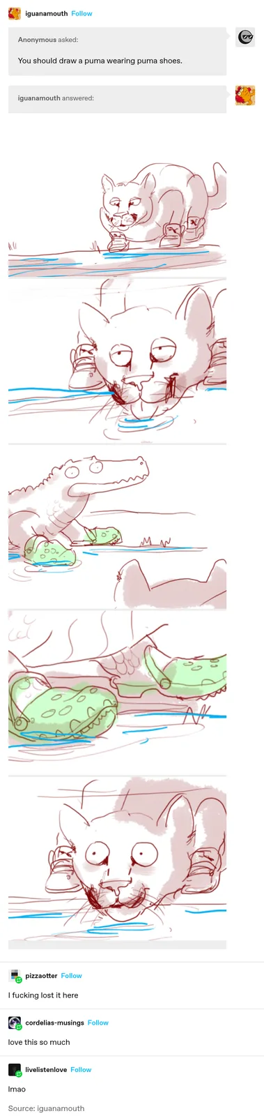 A five-panel comic strip shows a puma wearing Puma shoes, then a crocodile wearing green crocs, and finally the puma looking…