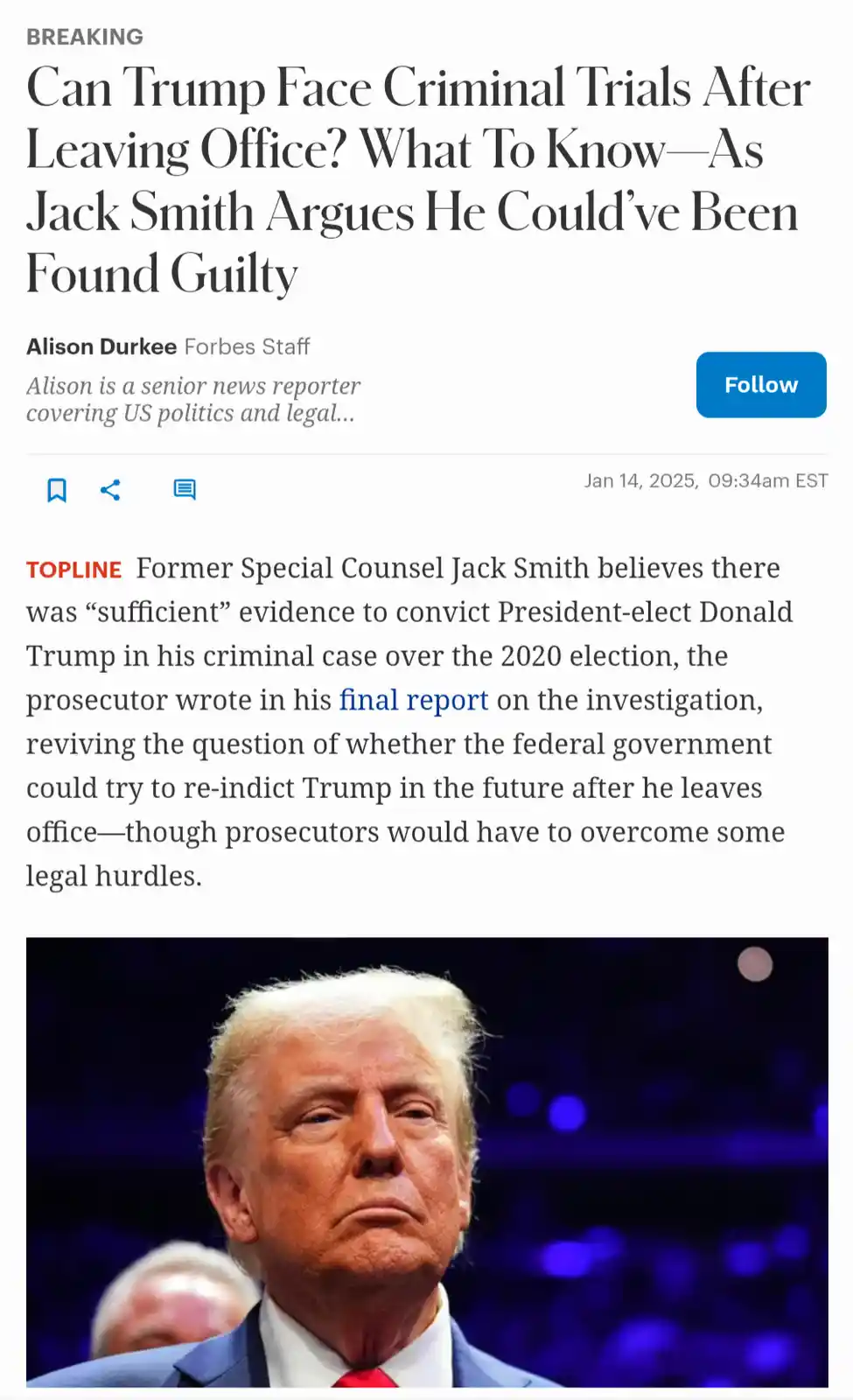 A screenshot of a Forbes news article dated Jan 14, 2025, with a headline asking if Donald Trump can face criminal trials…