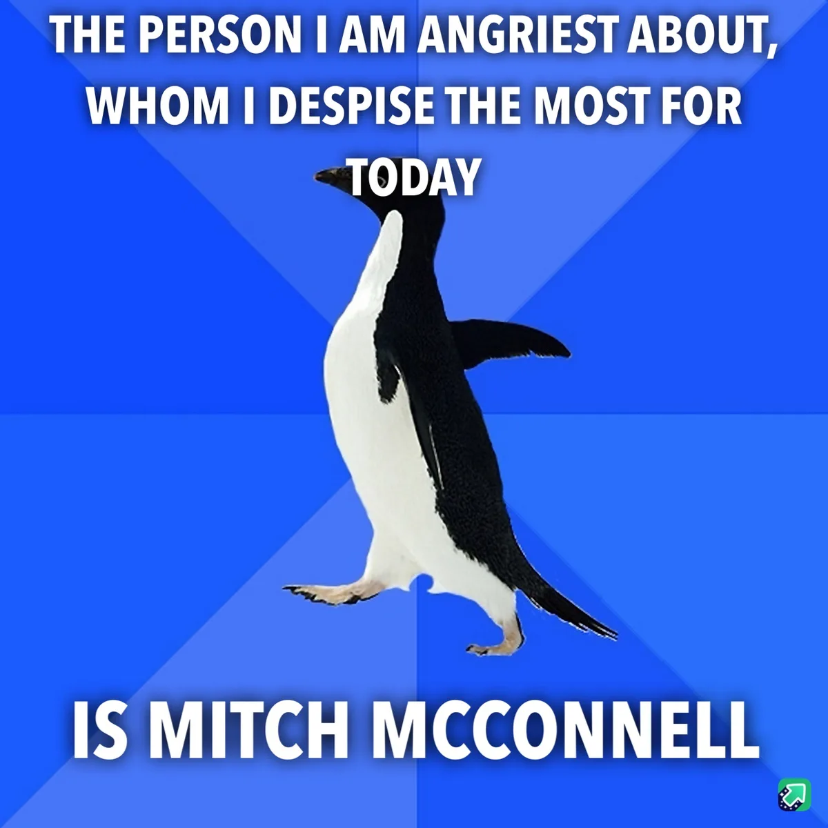 A black-and-white penguin stands against a blue background with diagonal stripes. White text at the top reads 'THE PERSON I…