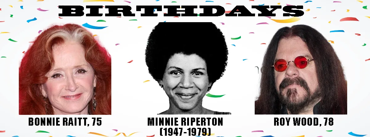 A celebratory birthday meme featuring three headshots against a confetti background. From left to right: Bonnie Raitt (75)…