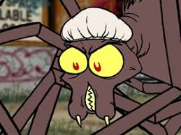A cartoon spider with large yellow eyes, fangs, and a white chef's hat, looking menacing. The text overlaid on the image…