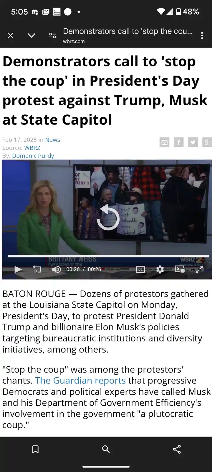 A screenshot of a news article from wbrz.com dated Feb 17, 2025, showing a news anchor on a TV screen with a video player…