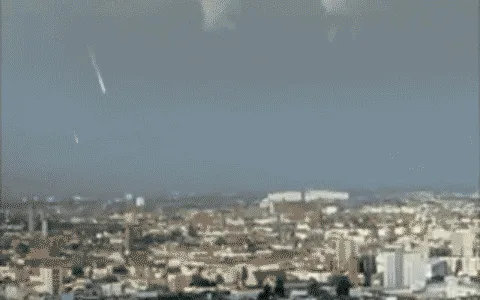 A six-panel sequence shows multiple meteors streaking toward a city skyline, culminating in a massive explosion that…