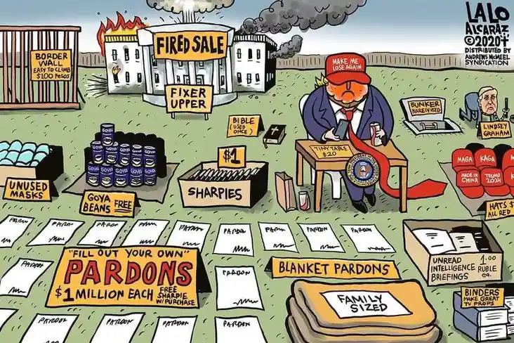 A cartoon depicts a caricature of Donald Trump at a chaotic outdoor yard sale, selling items like 'Fired Sale' White House…