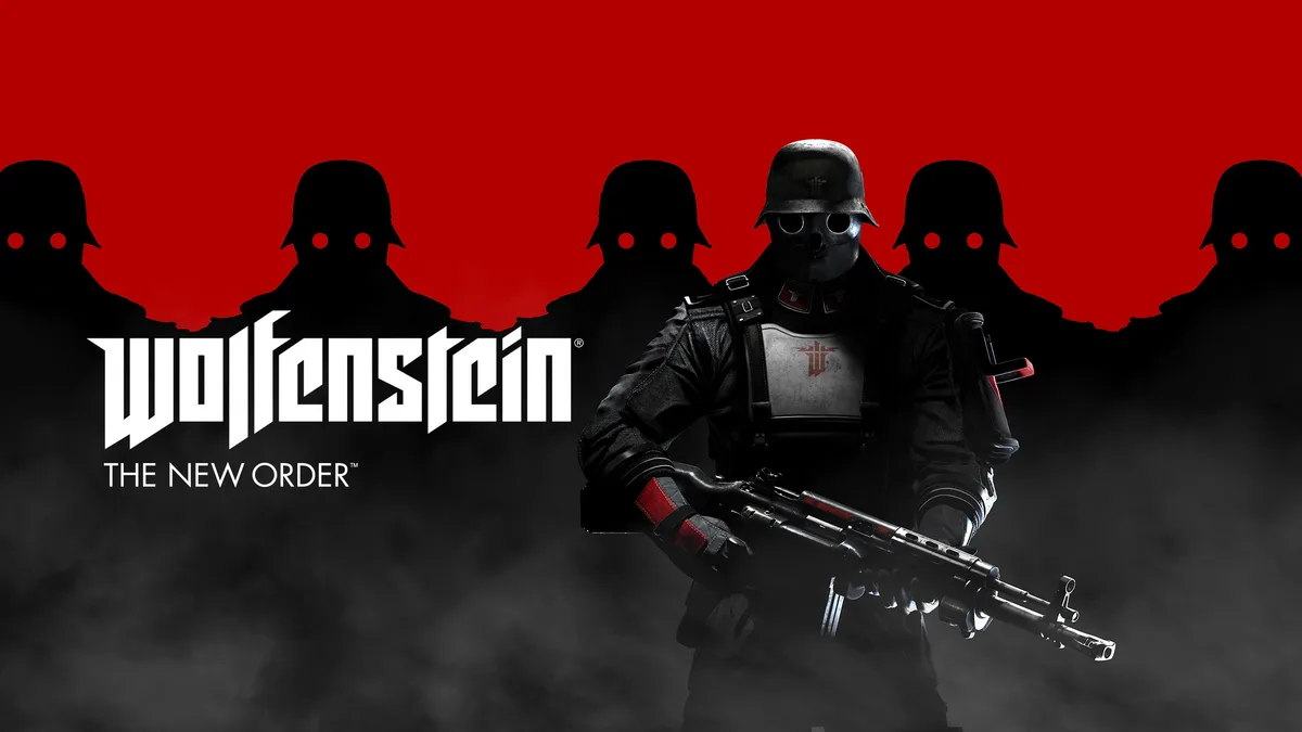 A promotional image for the video game Wolfenstein: The New Order features a central soldier in a skull mask and military…