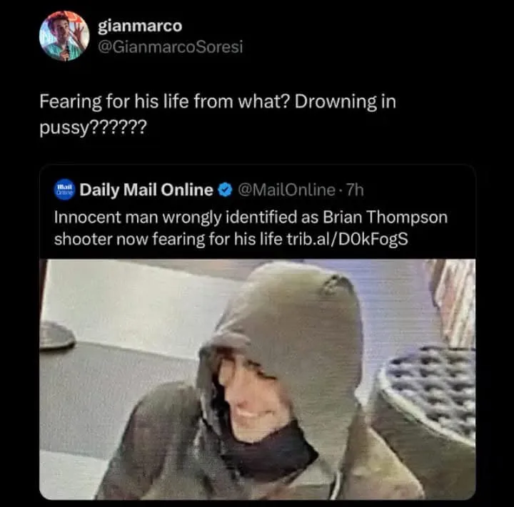 A screenshot of a tweet by @GianmarcoSoresi questioning why an innocent man wrongly identified as the shooter in the Brian…