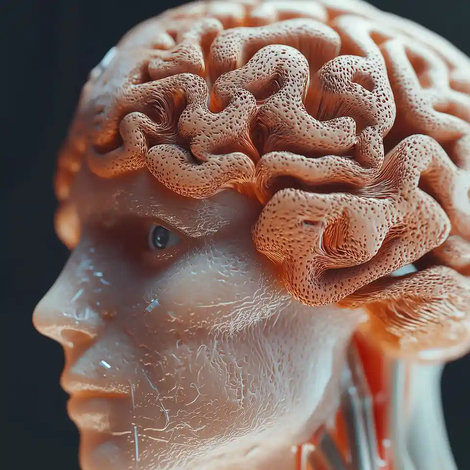 A surreal, close-up image of a human head in profile, with a highly detailed, coral-like brain structure emerging from the…