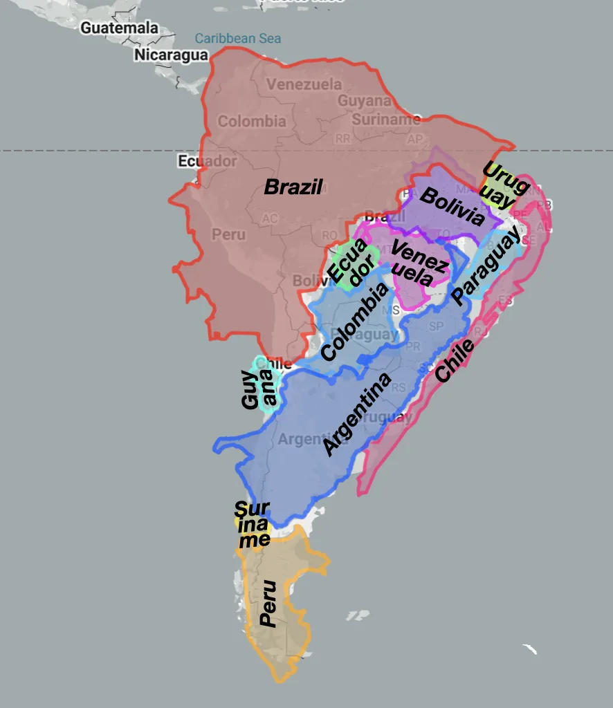 A map of South America with countries like Brazil, Argentina, and Peru visible, overlaid with a large, bold text label…