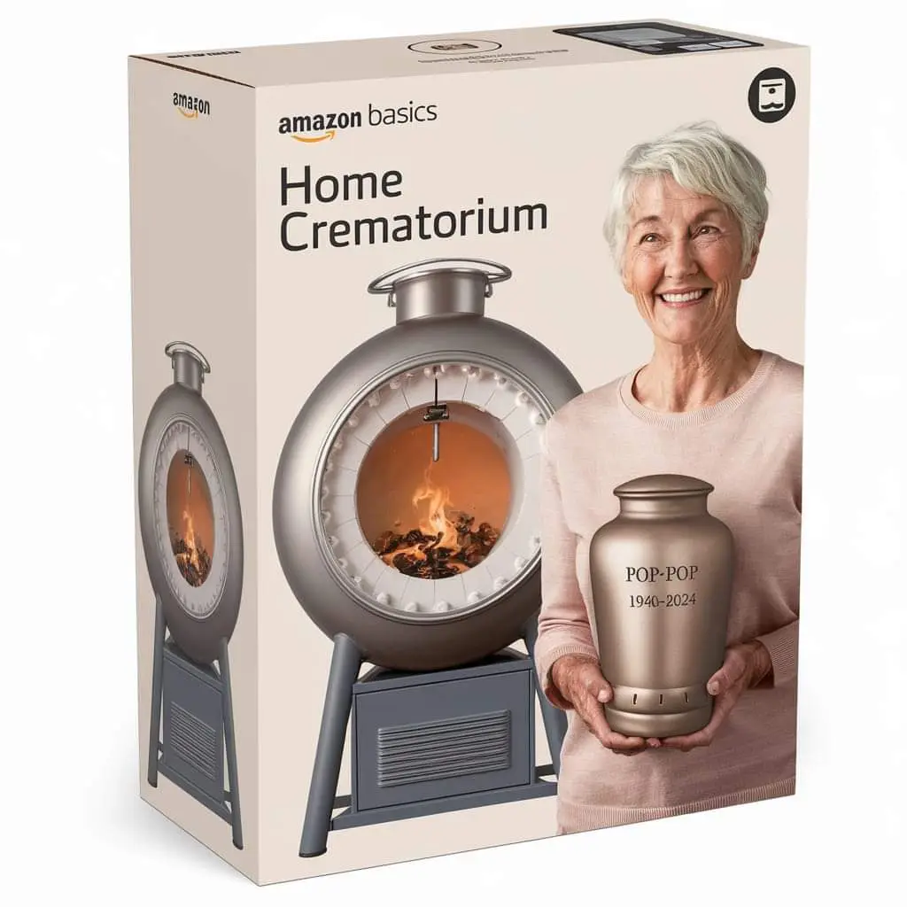 A product box for 'Amazon Basics Home Crematorium' shows a smiling elderly woman holding a bronze urn labeled 'POP-POP…