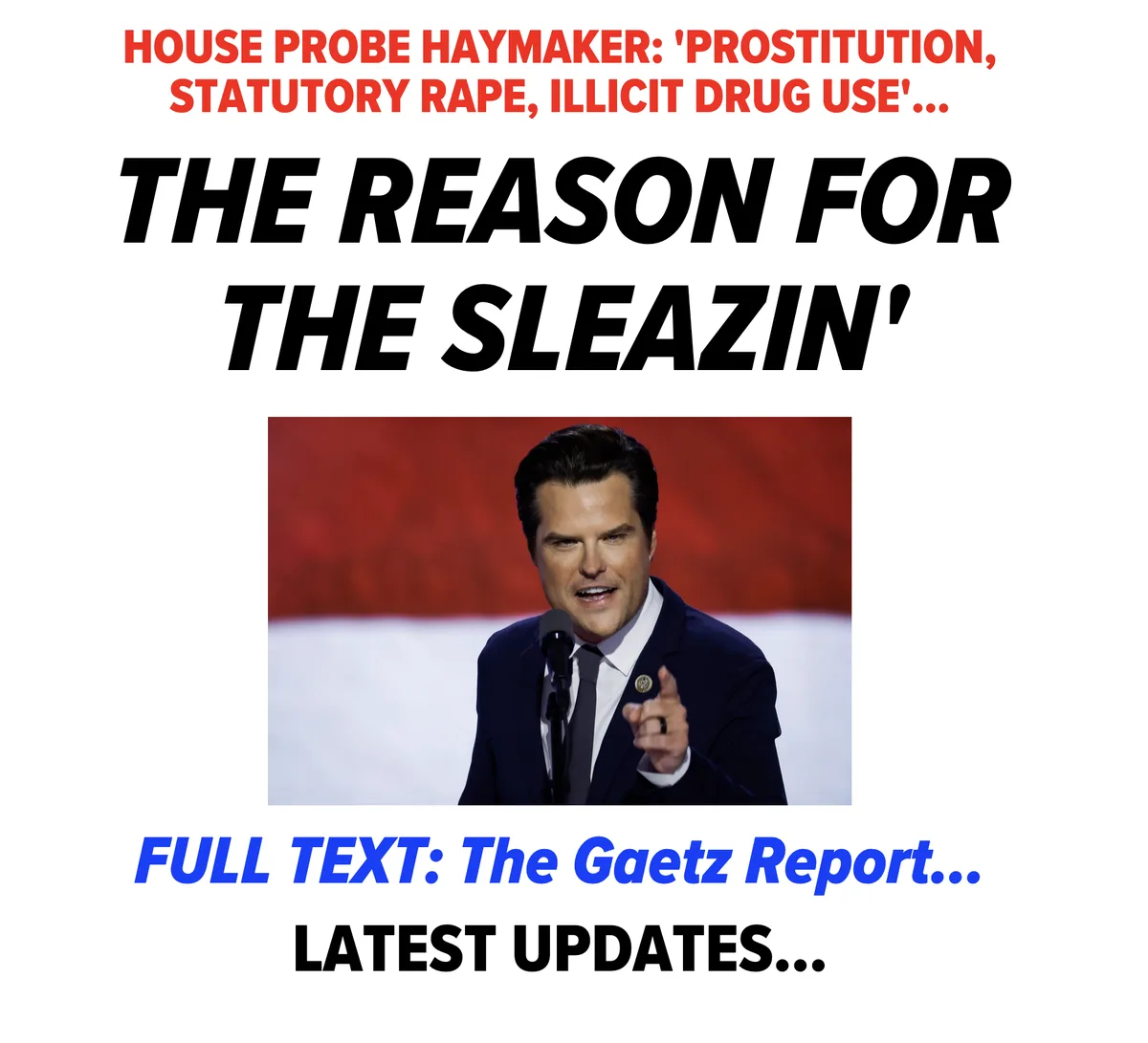 The image shows a man in a suit speaking at a podium with a red and white background. Overlaid text in red, black, and blue…