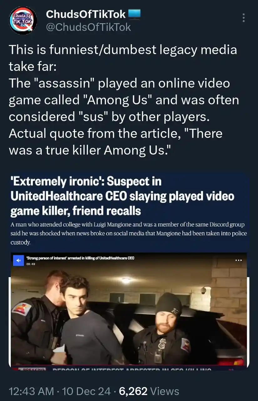 A screenshot of a TikTok post by 'ChudsOfTikTok' criticizing media coverage of Luigi Mangione's arrest for the…
