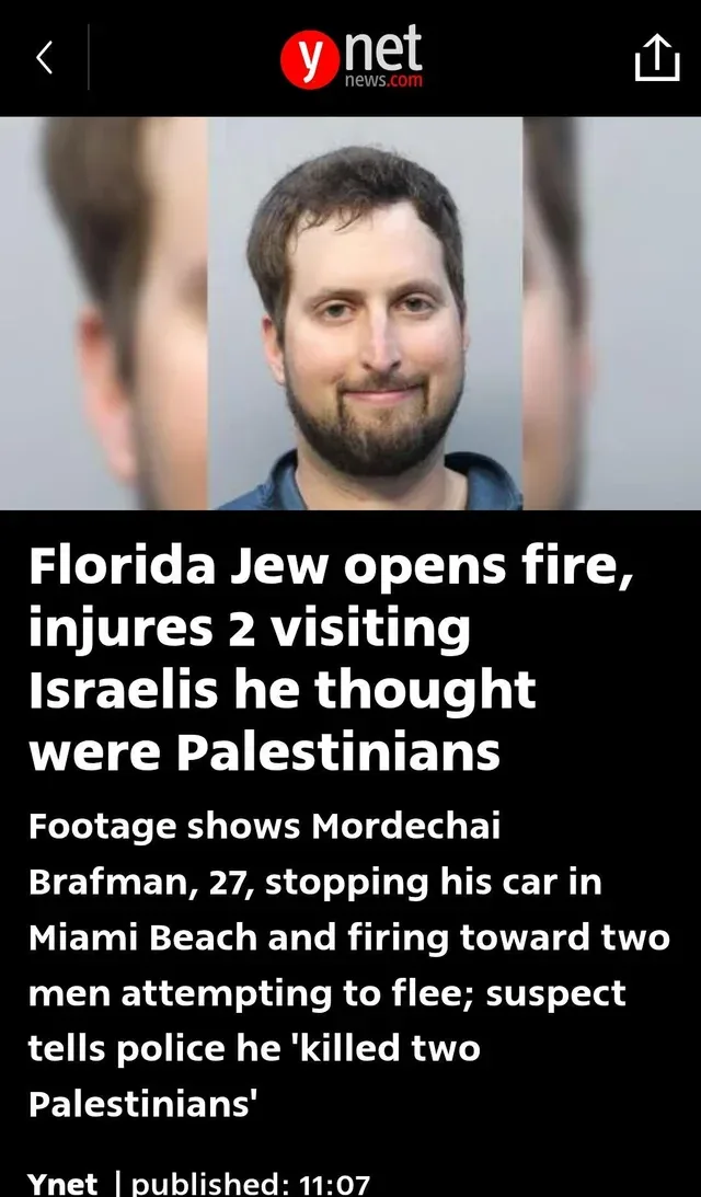 A mugshot-style photo of a smiling man with a beard is overlaid with a news article headline from ynet news.com. The…