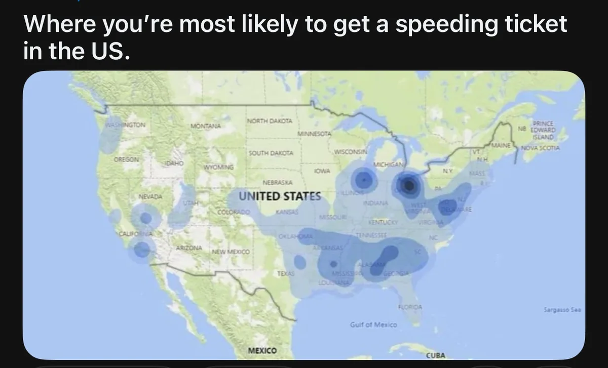 A map of the United States with blue circular markers indicating areas with high speeding ticket rates. The largest, darkest…