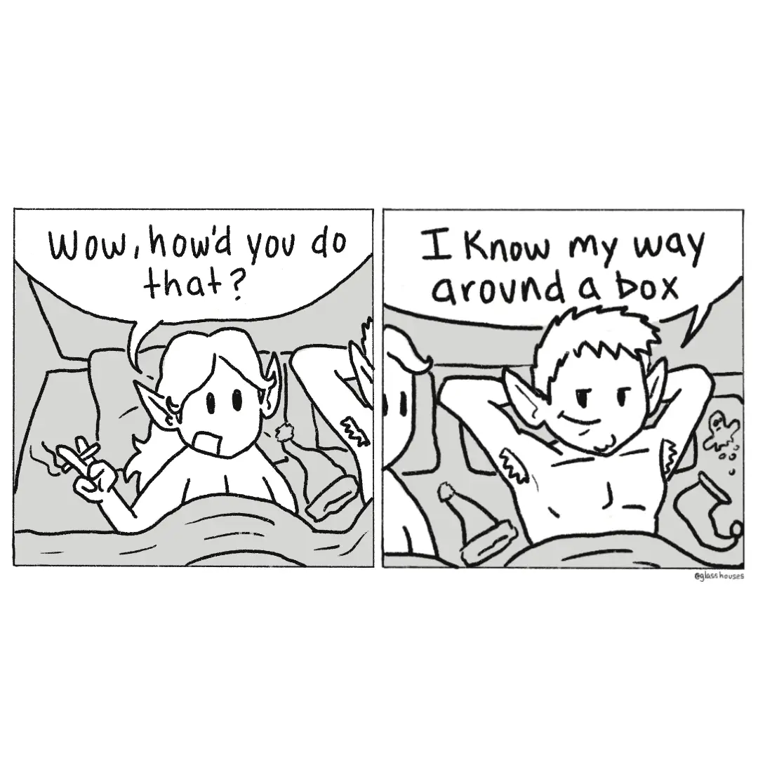 A two-panel comic shows two elves in bed. In the first panel, a female elf holds a cigarette and asks, 'Wow, how'd you do…
