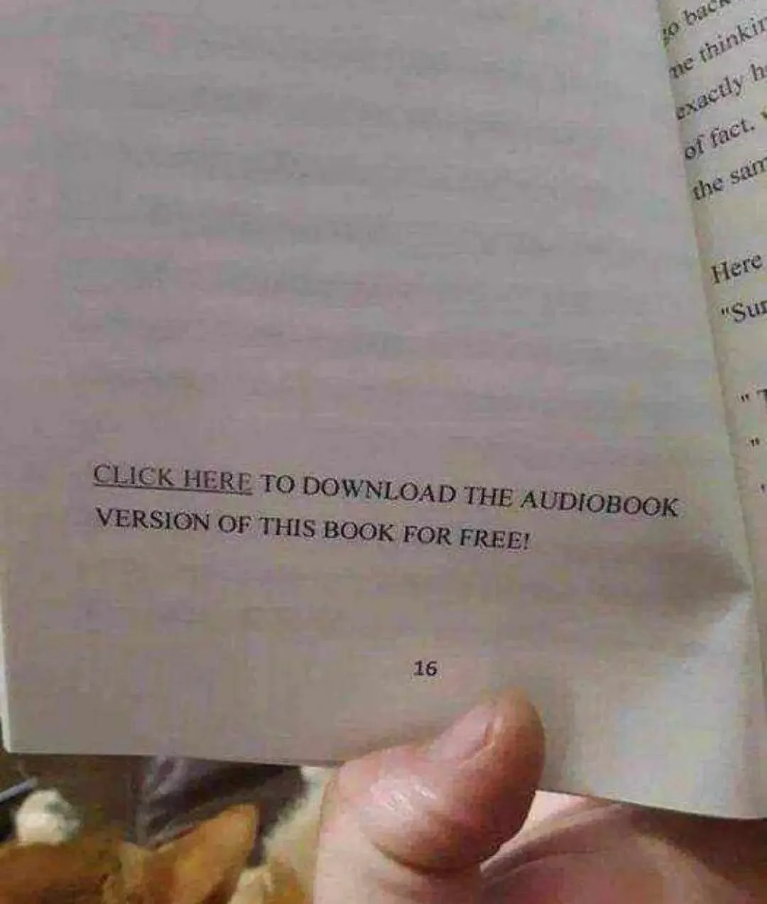 A close-up photo shows a person's thumb holding open a physical book at page 16, which has been digitally altered to display…