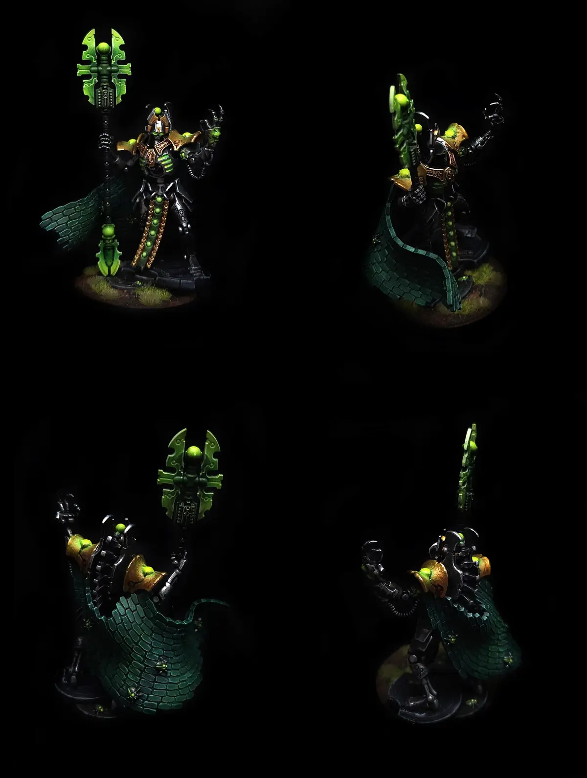 Four images show a green-painted miniature of a dark fantasy warrior with ornate armor, a large green staff, and a green…