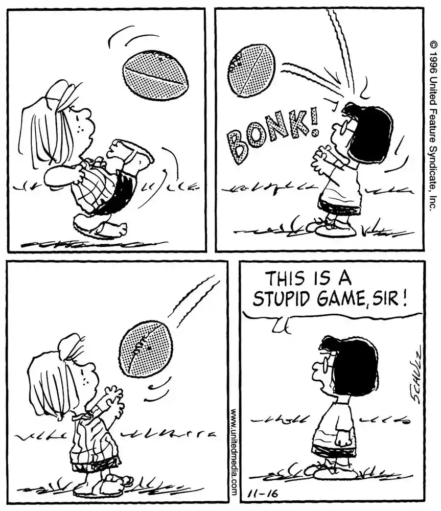 A four-panel Peanuts comic strip shows a boy throwing a football, which bonks a girl in the head. She then throws the ball…