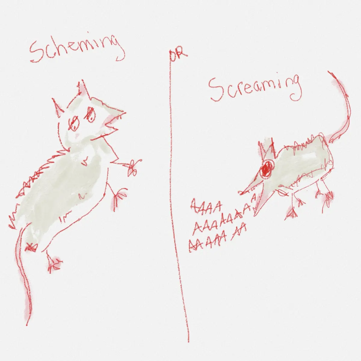 A hand-drawn image shows two cartoonish, greenish rodents side-by-side, separated by a vertical line. The left rodent is…