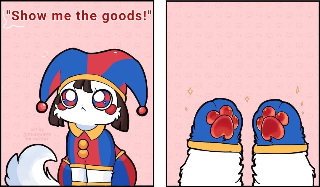 A two-panel comic shows a cartoon cat in a jester outfit demanding 'Show me the goods!' The second panel reveals the 'goods'…