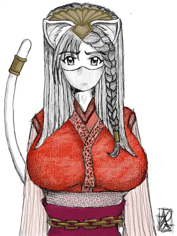 A hand-drawn anime-style illustration of a female character with long white hair, cat ears, and a face mask, wearing a red…
