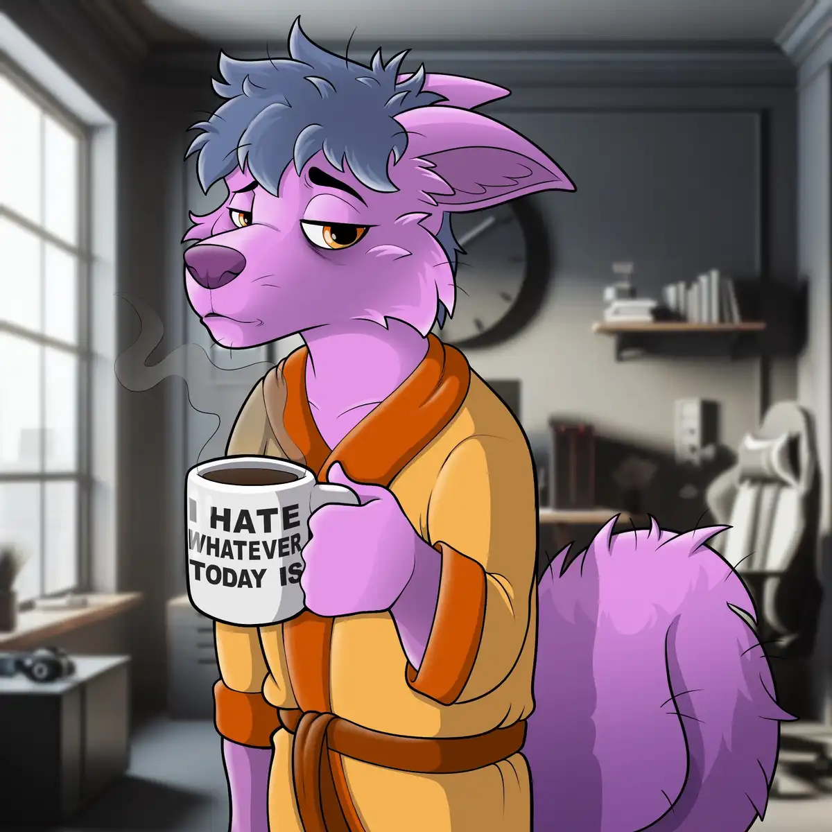 A purple anthropomorphic wolf with messy gray hair and a grumpy expression wears a tan robe and holds a steaming mug that…