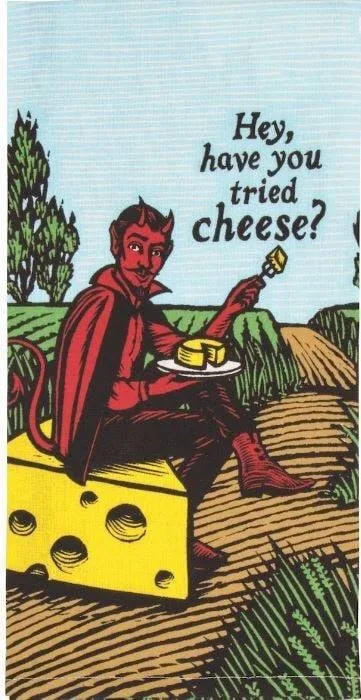 A cartoon devil in a red robe sits atop a giant block of Swiss cheese, holding a knife with a slice of cheese on it, while…