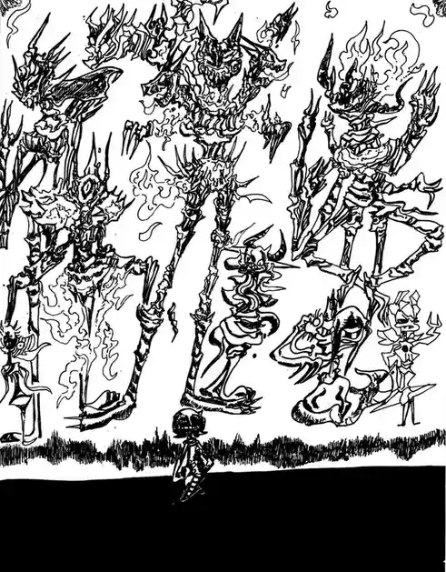 A black-and-white sketch shows a small, simple cartoon demon standing at the bottom center, looking up at a chaotic…