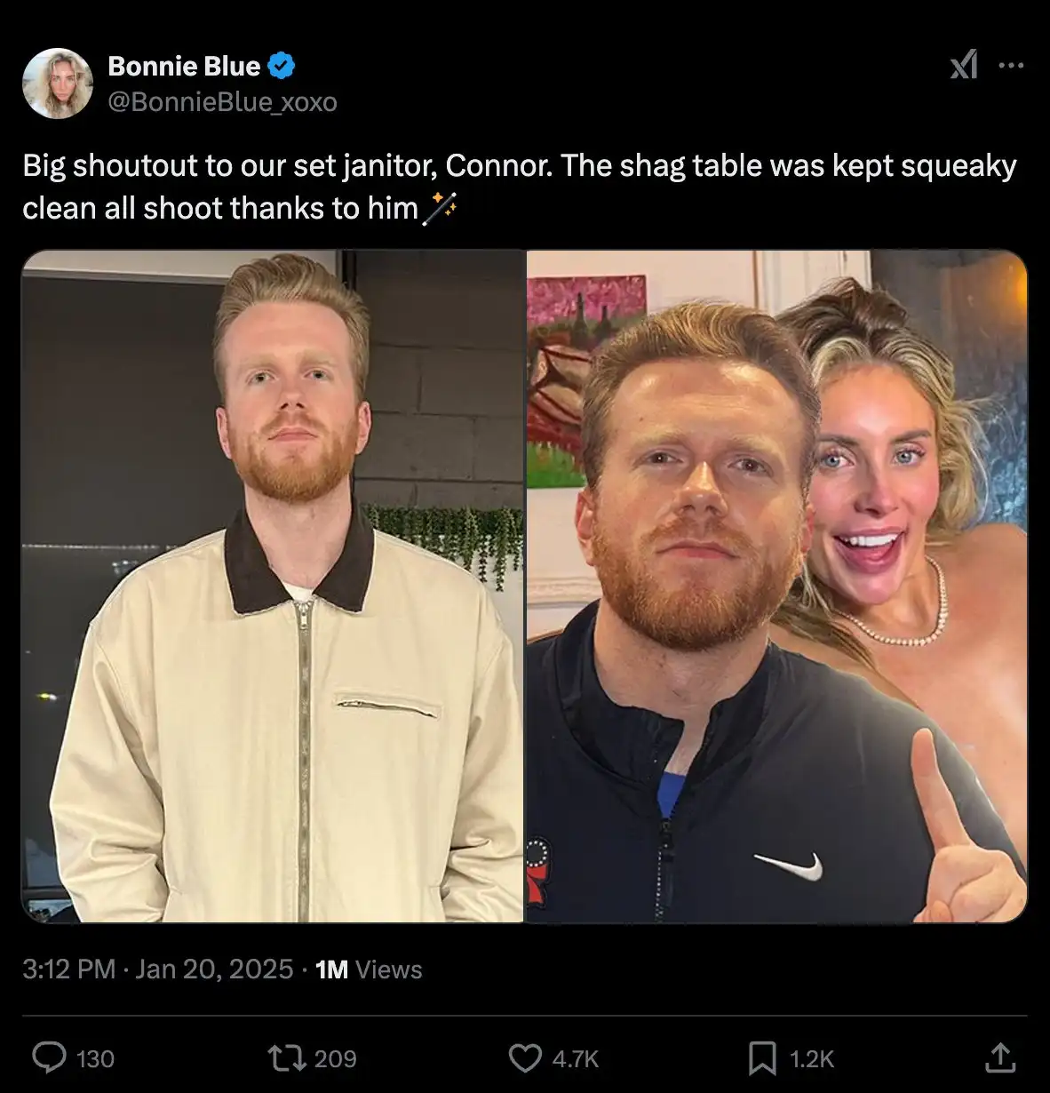 A split-screen image shows a man, identified as Connor, in two photos: one solo in a beige jacket, and another with a…