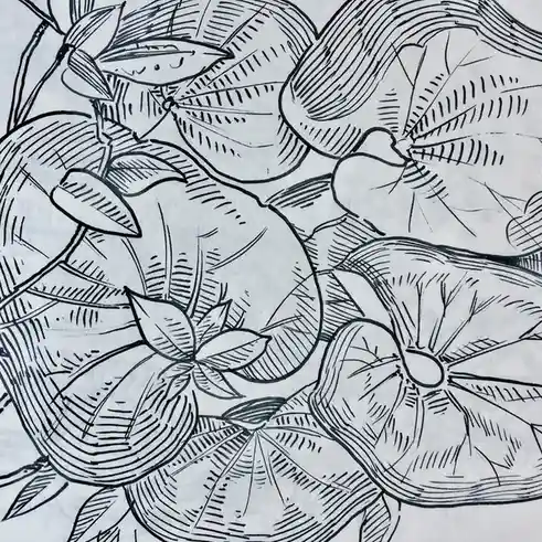 A black-and-white line drawing of various stylized tropical leaves and flowers with detailed hatching shading on textured…