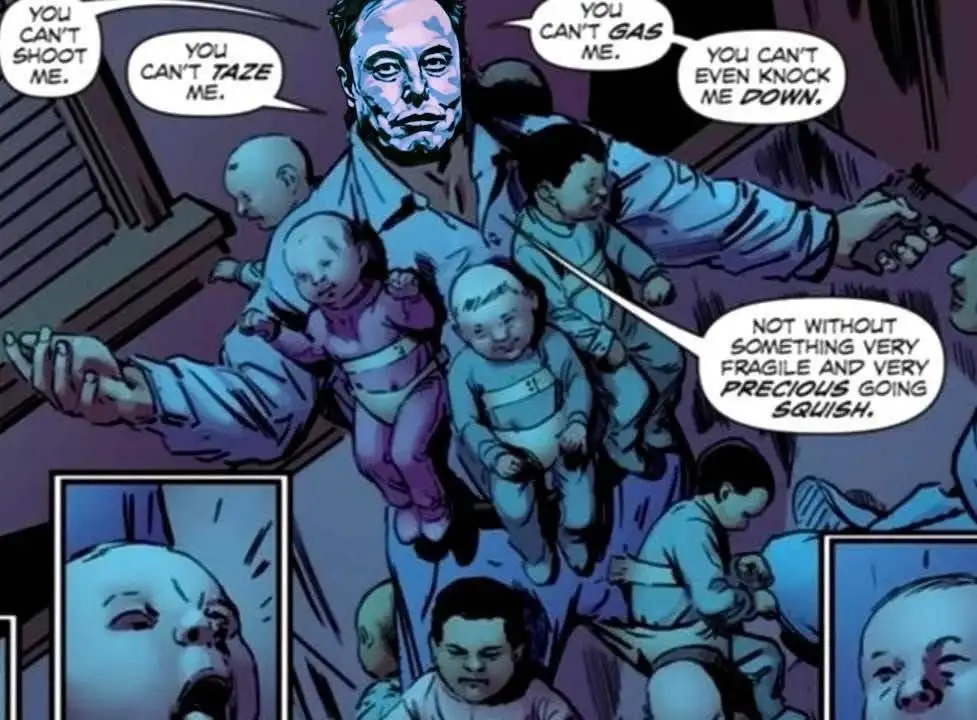 A comic panel shows a man holding multiple babies while holding a gun, with speech bubbles listing threats he can't be…