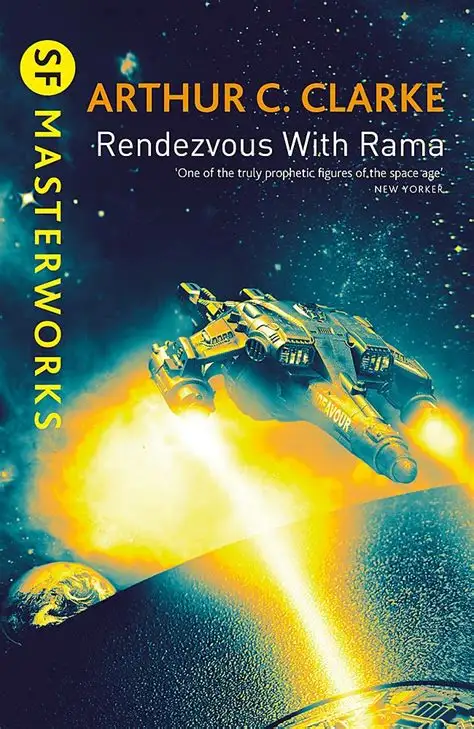 The image is the cover of Arthur C. Clarke's science fiction novel 'Rendezvous With Rama,' part of the 'SF Masterworks'…