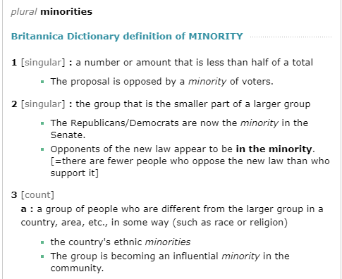 The image displays a Britannica Dictionary definition of 'minority' with three numbered entries and examples. Entry 1…