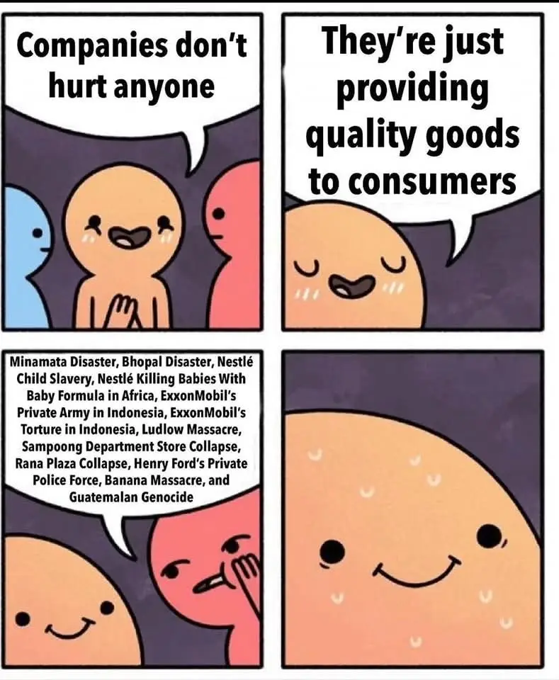 A four-panel comic strip featuring simple cartoon characters. The first panel shows a character saying 'Companies don't hurt…