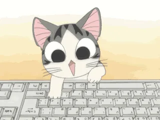 A six-frame animated GIF shows a cartoon cat with large eyes and pink inner ears sitting on a computer keyboard. The cat…