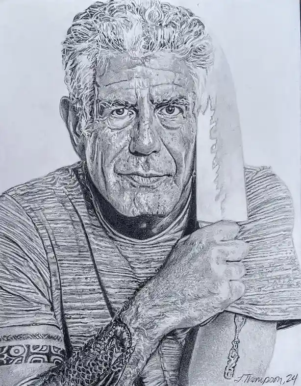 A detailed pencil sketch of an older man with curly hair, wearing a patterned shirt and holding a large knife. He has a…