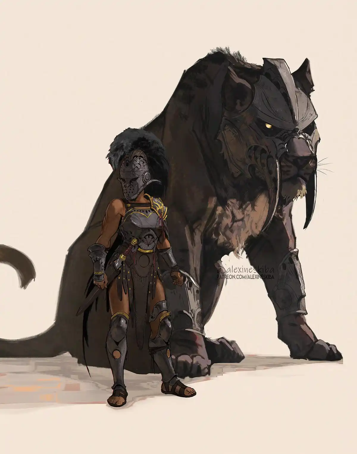 A fantasy illustration shows a warrior in dark armor and a helmet standing beside a massive, armored, feline creature with…