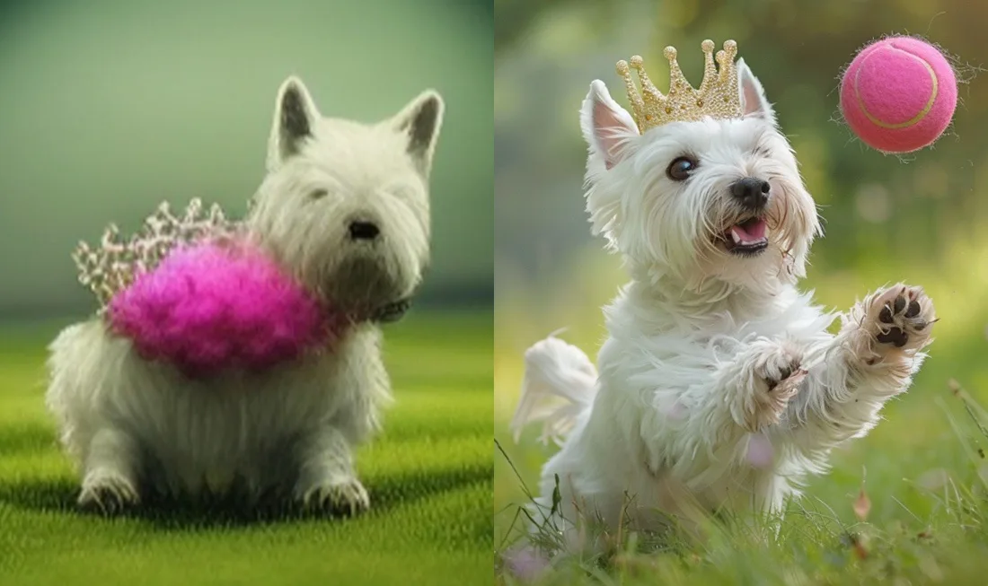 The image shows two side-by-side photos of a white West Highland Terrier. On the left, the dog sits calmly on green grass…