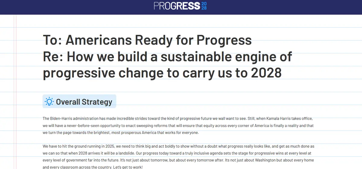 The image displays a document titled 'To: Americans Ready for Progress Re: How we build a sustainable engine of progressive…