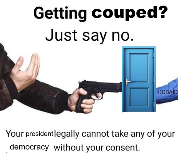 A person in a dark jacket holds a handgun pointed at a blue door, while their other hand is raised in a 'stop' gesture. Text…
