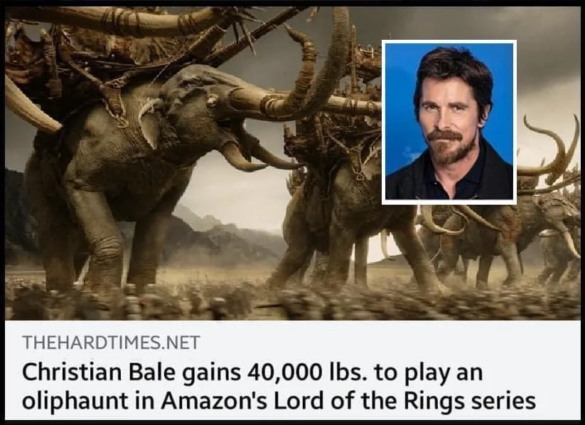 A dramatic scene from a fantasy movie shows a massive, heavily armored mammoth-like creature with tusks and wooden…