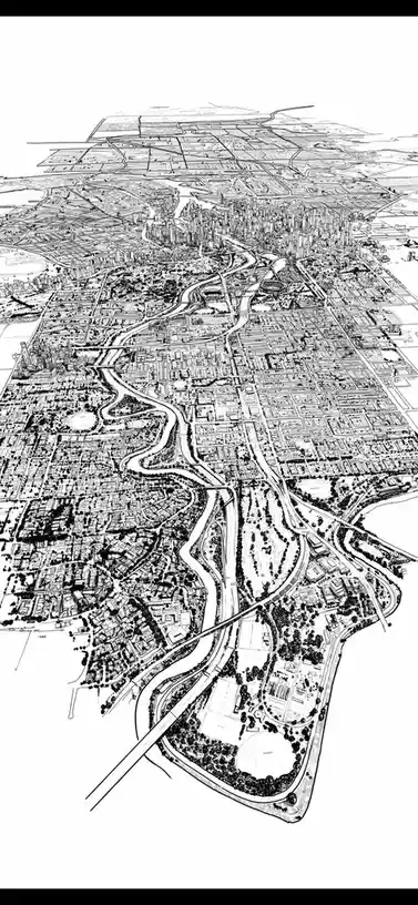 A detailed black-and-white line drawing of a sprawling cityscape, showing dense urban areas, winding rivers, highways, and…